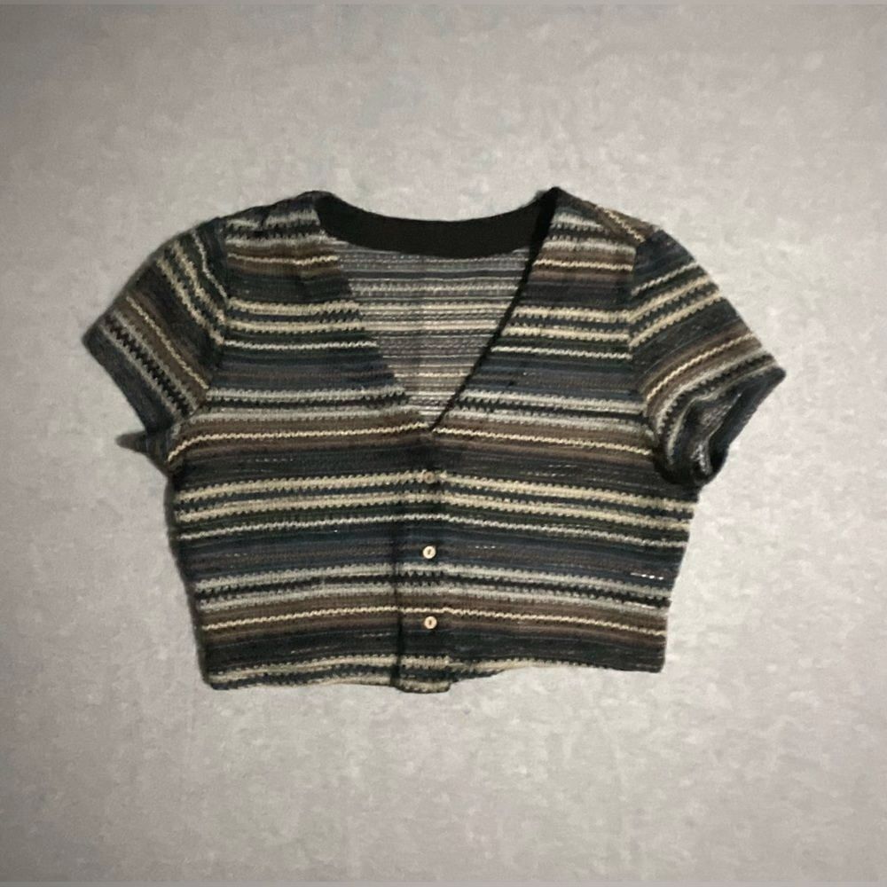 SHEIN Boho Striped Knit Crop Cardigan L Earth Tones  Mesh Pointelle tee